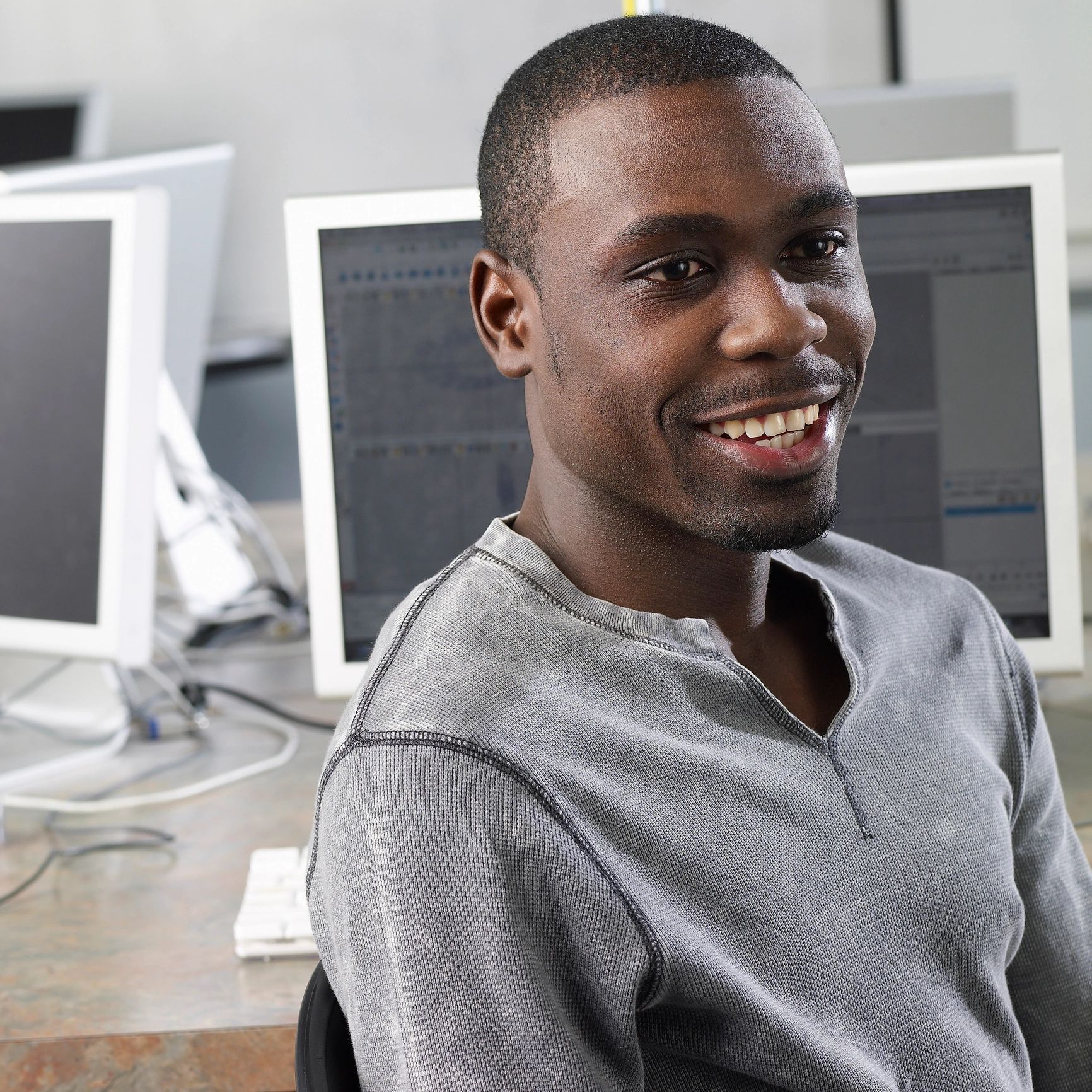 Black African student working in a computer lab